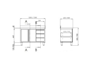 Edelstahl Arbeitsschrank PREMIUM, mit Flügeltüren, Schubladen und Aufkantung, BTH 1800 x 700 x 850 mm