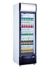 Getränkekühlschrank mit Werbetafel Modell GTK 382, Inhalt 382 Liter, 2 Rollen hinten, BTH 62 x 63 x 193,5 cm
