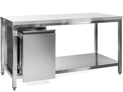 Edelstahl Arbeitstisch mit Abfallbehälter links, Bautiefe 60 cm, ohne Aufkantung, in verschiedenen Breiten