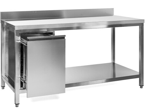 Edelstahl Arbeitstisch mit Abfallbehälter links, Bautiefe 60 cm, mit Aufkantung, in verschiedenen Breiten