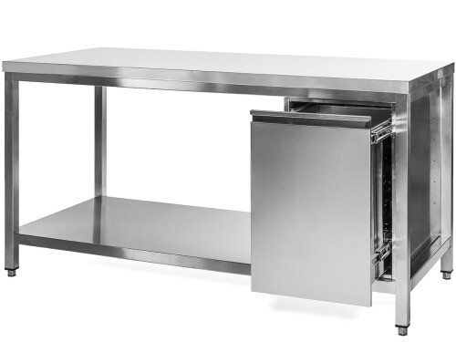 Edelstahl Arbeitstisch mit Abfallbehälter rechts, Bautiefe 70 cm, ohne Aufkantung, in verschiedenen Breiten