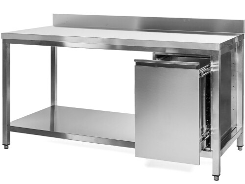Edelstahl Arbeitstisch mit Abfallbehälter rechts, Bautiefe 60 cm, mit Aufkantung, in verschiedenen Breiten