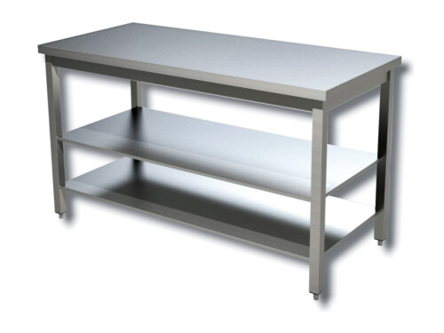 Edelstahl Arbeitstisch mit 2 Grundböden, Bautiefe 60 cm, ohne Aufkantung, verschweißt, in verschiedenen Breiten