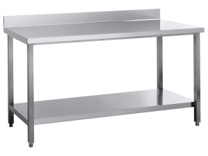 Edelstahl Arbeitstisch, mit Tischplatte und Grundboden, mit Aufkantung (100 mm), BTH 1600 x 600 x 950 mm