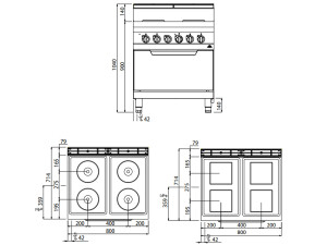 Elektroherd Bertos E7PQ4+FE mit Backofen GN 2/1 und 4 quadratischen Platten, BTH 800 x 714 x 900 mm
