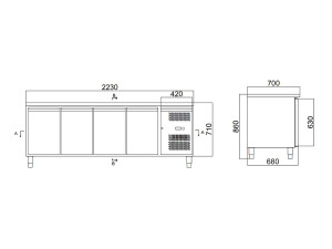 vaiotec EASYLINE 700 Kühltisch, 4 Türen für GN 1/1, 421 Liter, Umluftkühlung, BTH 2230 x 700 x 850 mm