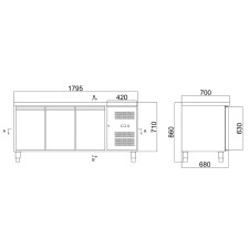 vaiotec EASYLINE 700 Kühltisch, 3 Türen für GN 1/1, 417 Liter, Umluftkühlung, BTH 1795 x 700 x 850 mm