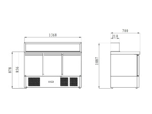 vaiotec EASYLINE Pizzatisch mit 3 Türen und Edelstahlaufsatz, für 8x GN 1/6, graue Granitarbeitsfläche, statische Kühlung, BTH 1365 x 700 x 1075 mm