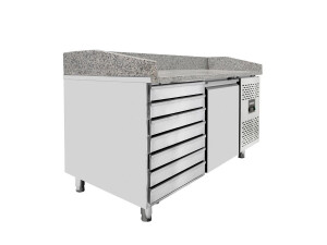 vaiotec EASYLINE Pizzatisch 800 mit 1 Tür und 7 Schubladen, graue Granitarbeitsfläche, Umluftkühlung, BTH 1510 x 800 x 1000 mm