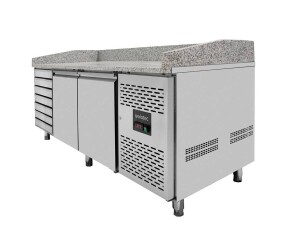 vaiotec EASYLINE Pizzatisch 800 mit 2 Türen und 7 Schubladen, graue Granitarbeitsfläche, Umluftkühlung, BTH 2020 x 800 x 1000 mm