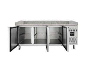 vaiotec EASYLINE Pizzatisch 800 mit 3 Türen, graue Granitarbeitsfläche, Umluftkühlung, BTH 2020 x 800 x 1000 mm