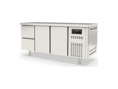 Edelstahl Kühltisch PROFI, Inhalt 410 Liter, 2 Schubladen 2 Türen, GN 1/1, mit Umluftkühlung, BTH 1795 x 700 x 850 mm
