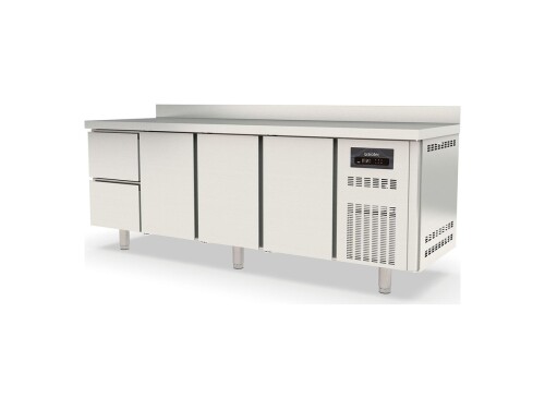 Edelstahl Kühltisch PROFI, Inhalt 548 Liter, 2 Schubladen 3 Türen, GN 1/1, mit Aufkantung, BTH 2245 x 700 x 850 mm