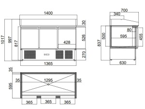 Pizzakühltisch BASIC mit Granitarbeitsfläche und 3 Türen, Inhalt 580 Liter, BTH 1420 x 800 x 1000 mm