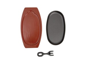 Servierpfanne oval aus Gusseisen, mit Holzuntersetzer und abnehmbarem Griff, Länge 24 cm