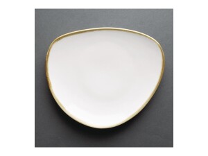 6er - Set Teller aus Porzellan, dreieckig, Weiß mit handbemaltem Rand, Ø 23 cm