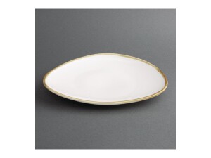 6er - Set Teller aus Porzellan, dreieckig, Weiß mit handbemaltem Rand, Ø 23 cm
