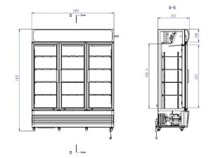 Getränkekühlschrank mit 3 Türen, LED-Display, auf Rollen, 1065 Liter, Umluftkühlung, BTH 1600 x 610 x 1973 mm