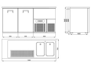 Ausschanktheke mit 2 Türen, 2 Spülbecken rechts, BTH 1950 x 700 x 950 mm