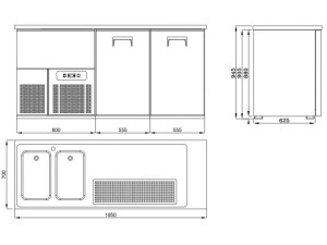 Ausschanktheke mit 2 Türen, 2 Spülbecken links, BTH 1950 x 700 x 950 mm