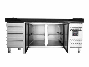 vaiotec EASYLINE Pizzatisch 800 mit 2 Türen und 7 Schubladen, schwarze Granitarbeitsfläche, Umluftkühlung, BTH 2020 x 800 x 1000 mm