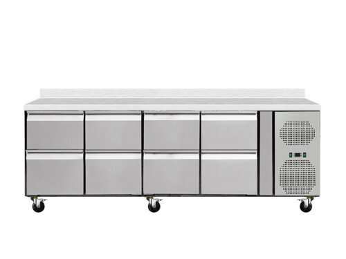 Skyrainbow Serie 700 Kühltisch, 8 Schubladen GN 1/1, 550 Liter, mit Aufkantung, Umluft, BTH 2230 x 700 x 850 mm