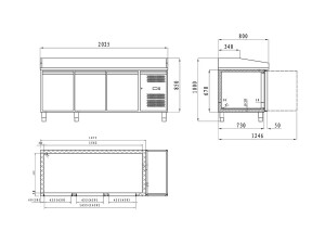 vaiotec EASYLINE Pizzatisch 800 mit 3 Türen, graue Granitarbeitsfläche, inkl. Kühlaufsatz für 9 x GN1/3, 580 Liter, BTH 2025 x 800 x 1435 mm