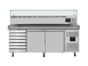 vaiotec EASYLINE Pizzatisch 800 mit 2 Türen & 7 Schubladen, graue Granitarbeitsfläche, inkl. Kühlaufsatz für 7x GN1/4, 390 Liter, BTH 2025 x 800 x 1435 mm