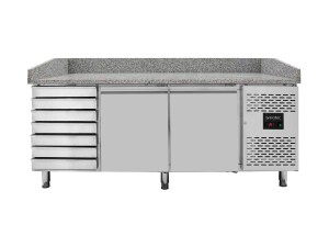 vaiotec EASYLINE Pizzatisch 800 mit 2 Türen & 7 Schubladen, graue Granitarbeitsfläche, inkl. Kühlaufsatz für 7x GN1/4, 390 Liter, BTH 2025 x 800 x 1435 mm