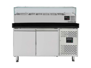 vaiotec EASYLINE Pizzatisch 800 mit 2 Türen, schwarze Granitarbeitsfläche, inkl. Kühlaufsatz für 5 x GN1/3 & 1x GN1/2, 390 Liter, BTH 1510 x 800 x 1435 mm