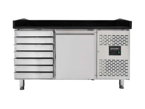 vaiotec EASYLINE Pizzatisch 800 mit 1 Tür & 7 Schubladen, schwarze Granitarbeitsfläche, inkl. Kühlaufsatz für 7x GN1/4, 175 Liter, BTH 1510 x 800 x 1435 mm