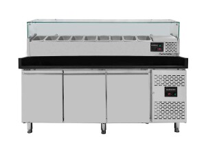 vaiotec EASYLINE Pizzatisch 800 mit 3 Türen, schwarze Granitarbeitsfläche, inkl. Kühlaufsatz für 9 x GN1/3, 580 Liter, BTH 2025 x 800 x 1435 mm